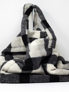 Stand Studio Fuzzy Faux Shearling Fur Black White Gingham Check Tote Bag Purse